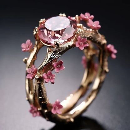 Elegant Crystal Pink Flower Ring | Gold