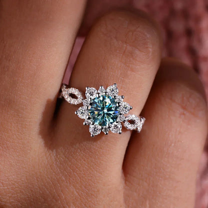 Crystal Turquoise Flower Ring | White Gold